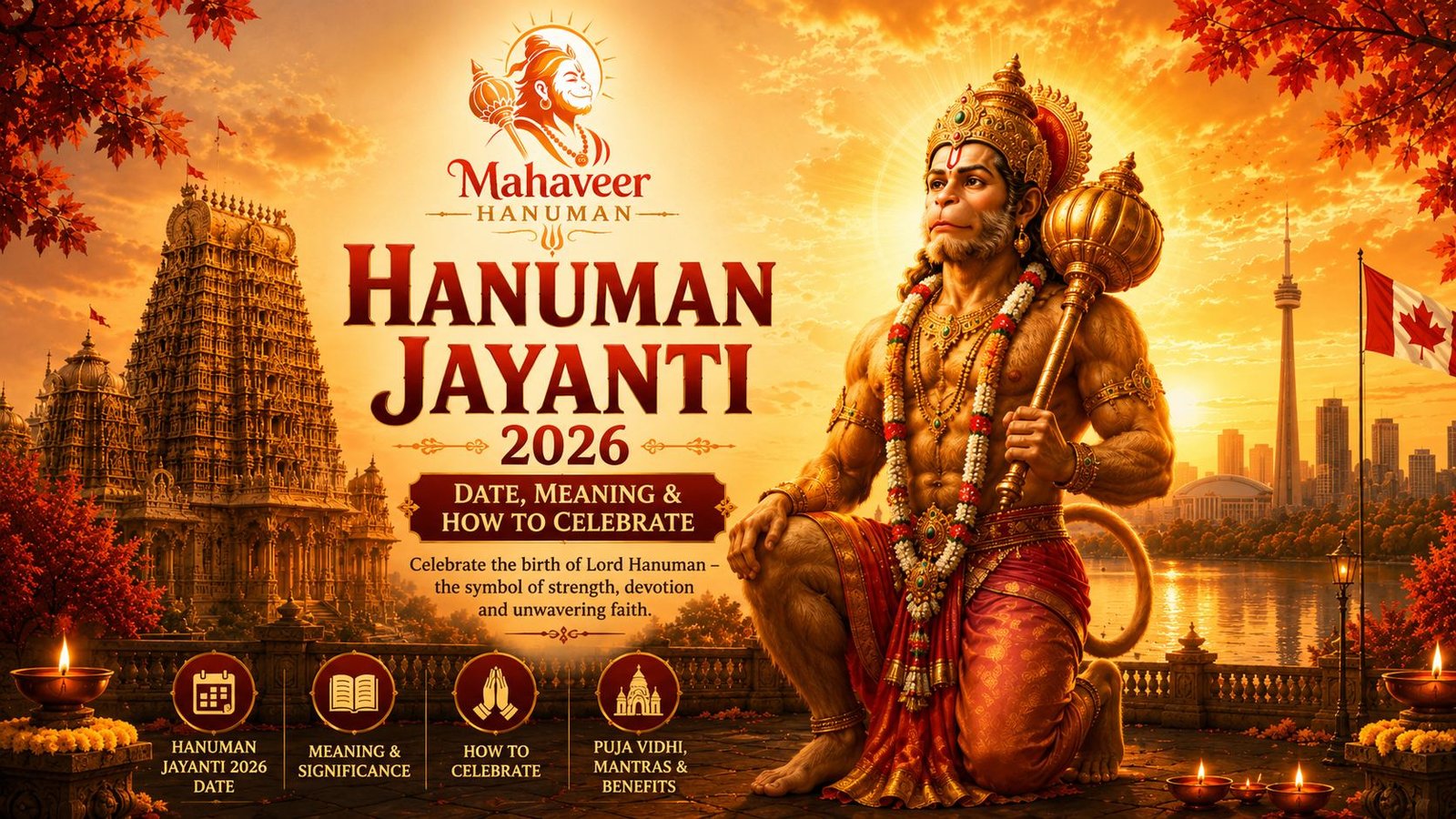 Hanuman Jayanti 2026 celebration banner featuring Lord Hanuman with a golden mace, Hindu temple, Toronto skyline and Canadian flag at sunset.