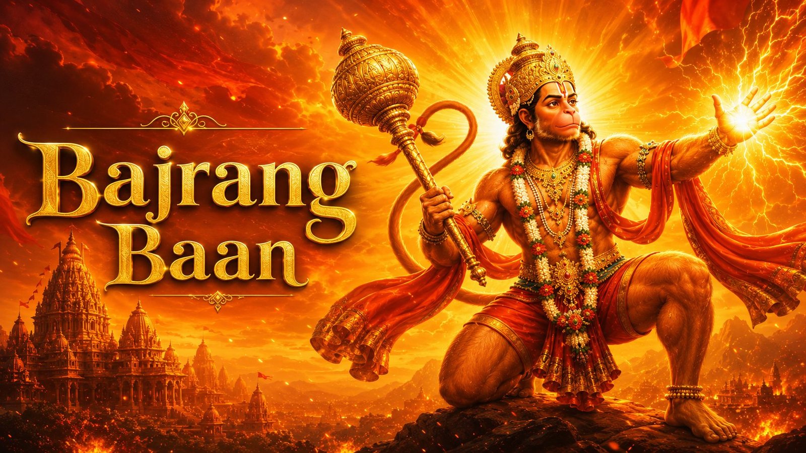 Lord Hanuman in warrior pose holding a mace, illustration for Bajrang Baan meaning