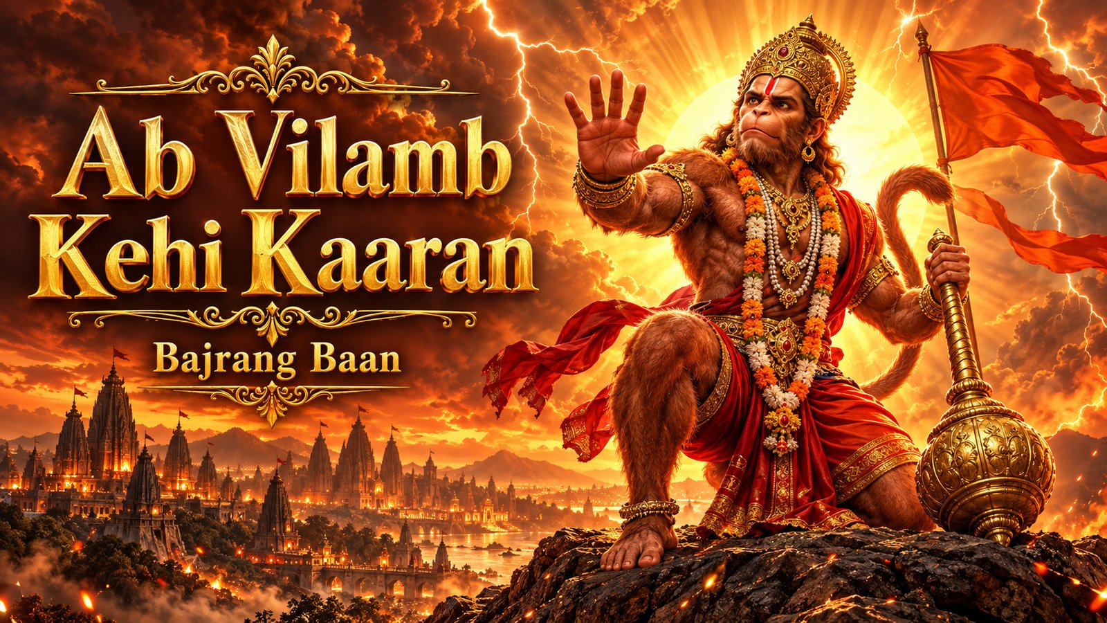 Lord Hanuman kneeling with his golden mace, hand raised in response, illustration for the Bajrang Baan line Ab Vilamb Kehi Kaaran Swami