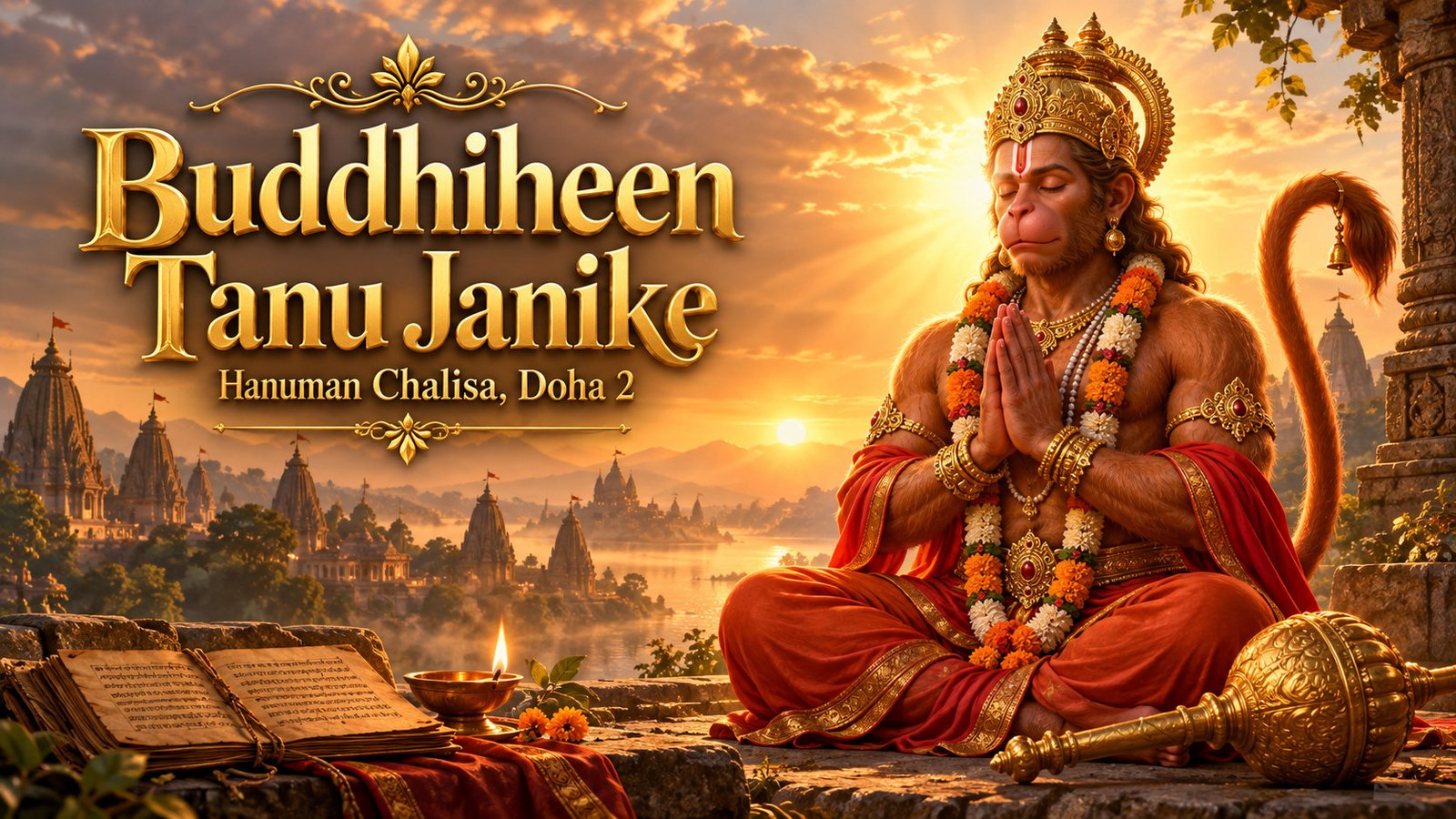 Lord Hanuman seated in meditation at dawn with a palm-leaf manuscript and diya, illustration for Hanuman Chalisa Doha 2 Buddhiheen Tanu Janike