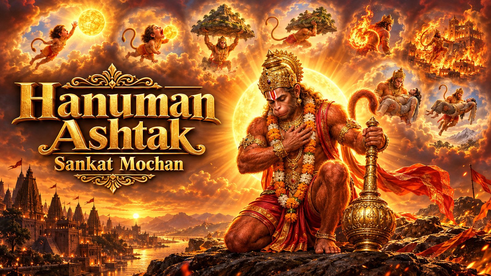 Lord Hanuman kneeling with his golden mace before scenes from the Ramayana, illustration for Sankat Mochan Hanuman Ashtak meaning