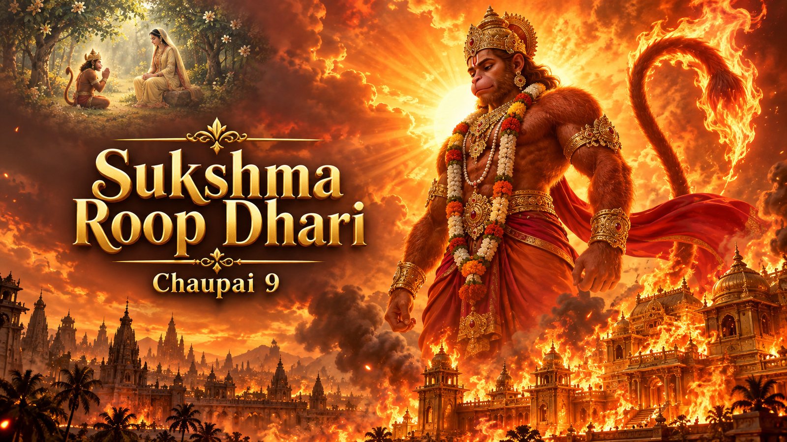 Lord Hanuman in his towering form above the burning city of Lanka, with his subtle form appearing before Sita, illustration for Hanuman Chalisa Chaupai 9